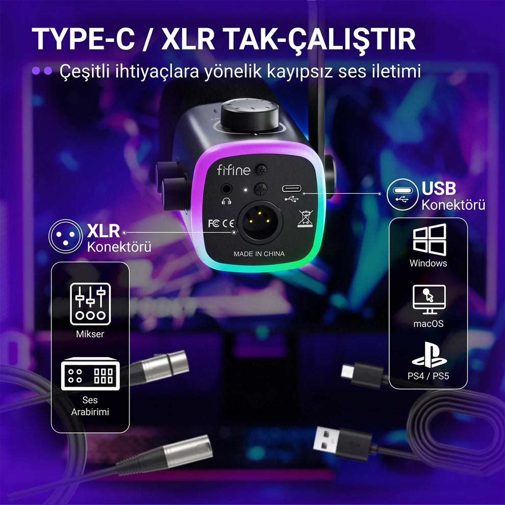 Fifine AM9 Type-C ve XLR Bağlantısı