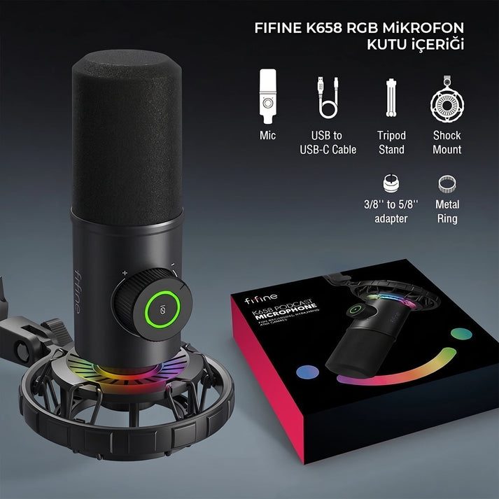 Fifine K658 Kutu İçeriği Tripod Stand ve Shock Mount